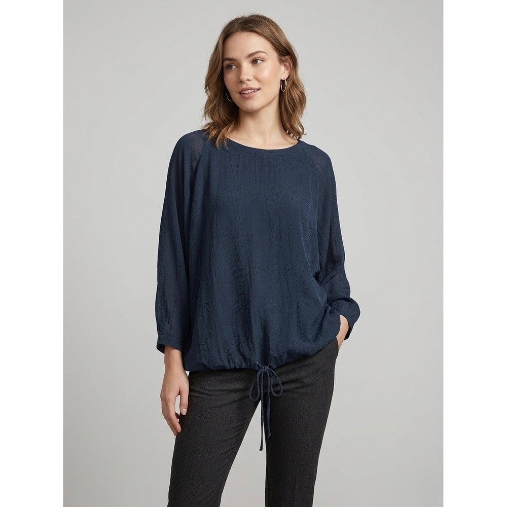Ruti Navy Blue Crinkle Drawstring Hem Blouse Viscose Blend Top S/M Lagenlook